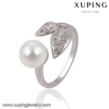 13755 Fashion Pretty CZ Round Pearl Leaf Silver-Plated Jewelry Finger Ring for Women